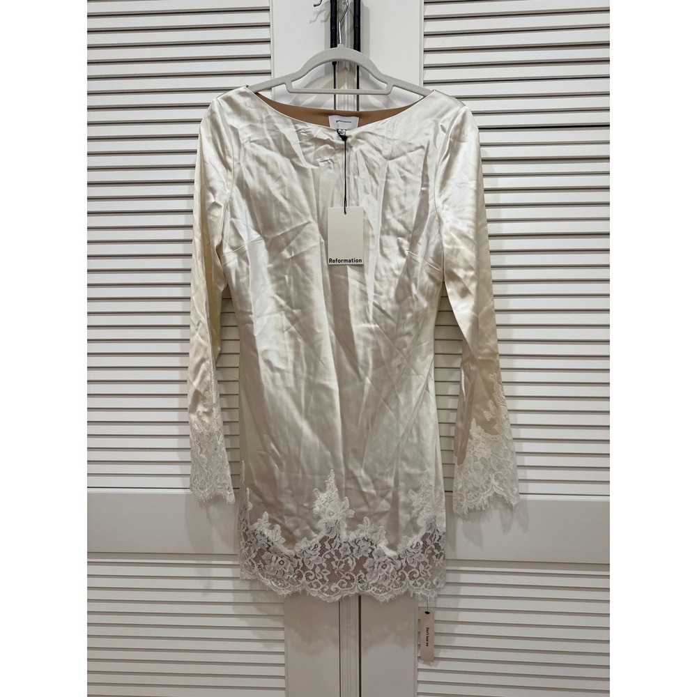 Reformation Ivory Satin Lace-Trim Mini Dress - Picture 5 of 7